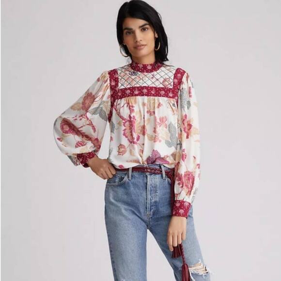 New Anthropologie Let Me Be Quilted Floral Long Sleeve Blouse $130 SMALL Pink - Picture 1 of 4